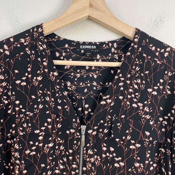 Express Womens Small Floral Zip Front Blouse Roll Tab Sleeve Shirt V Neck - Picture 2 of 8